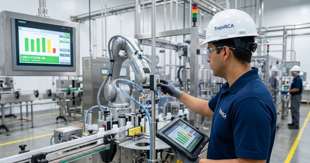 Un plano medio-ancho profesional en una planta industrial moderna y limpia (tipo farmacéutica, consumo masivo o energía). No es un taller sucio; es una operación de alta eficiencia. Punto Focal: Vemos a un especialista (podría ser Emilio o un ingeniero de su equipo, de espaldas o perfil) con casco, gafas de seguridad e impecable camisa de seguridad con el logo de TrejoRCA. Está parado frente a una máquina crítica (ej. una bomba masiva, un compresor o un brazo robótico de empaque). La Acción (Rigor Técnico): El especialista tiene una tableta industrial en una mano y con la otra está tocando suavemente un punto sensor en la máquina. No la está "arreglando", la está auditando o monitoreando. En el fondo, desenfocado pero reconocible, hay un panel de control con una pantalla HMI que muestra algunos gráficos de barra (algunos verdes, otros amarillos, ninguno rojo para no generar alarma). Atmósfera: Luz ambiental profesional de planta. La profundidad de campo es relativamente baja, enfocando al especialista y la máquina, y dejando el resto de la planta como un contexto profesional y predecible. Es una imagen que transmite método, control y tranquilidad. TrejoRCA