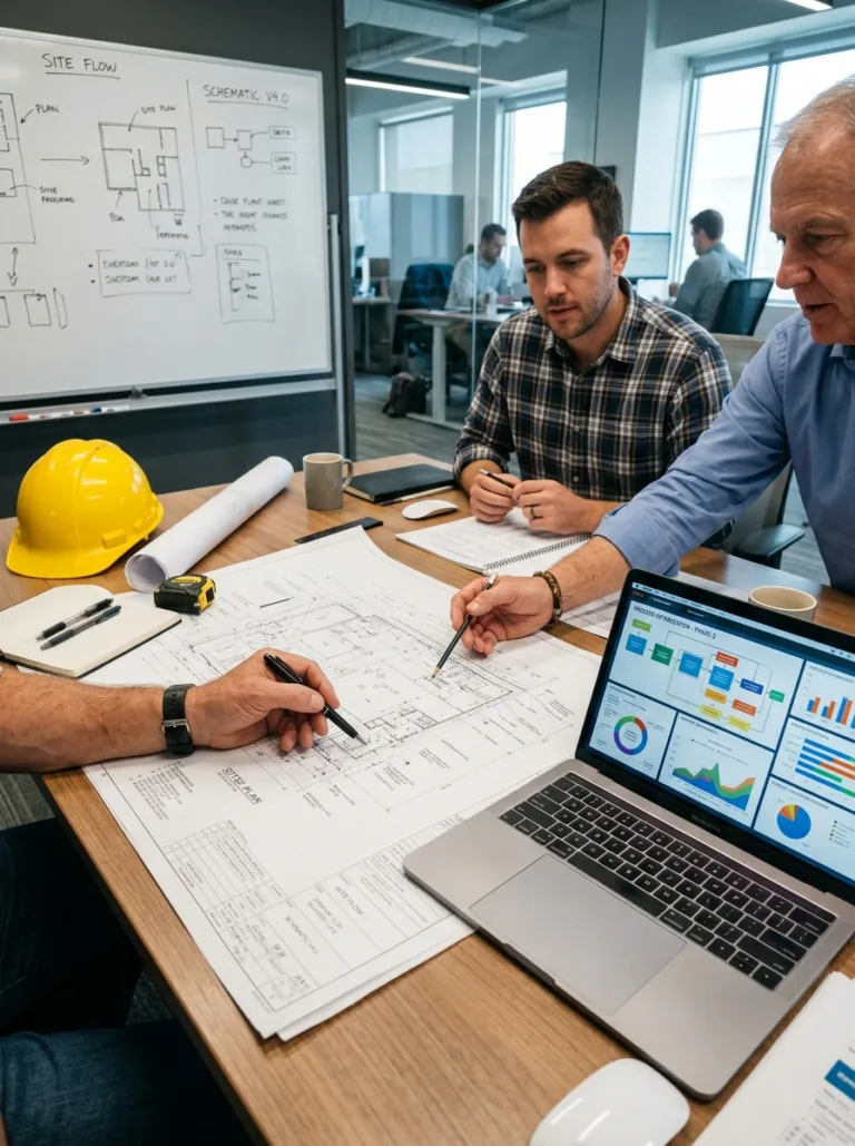 Una imagen de una mesa de trabajo moderna o una sala de juntas técnica, donde se ven manos sobre planos, una laptop con gráficos de procesos y quizás un casco de seguridad a un lado (sin que sea el protagonista).